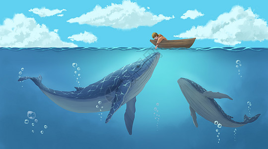 男孩与鲸鱼大海海豚插画高清图片