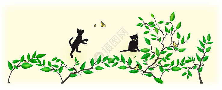 玩耍的猫黄色小树叶剪影高清图片