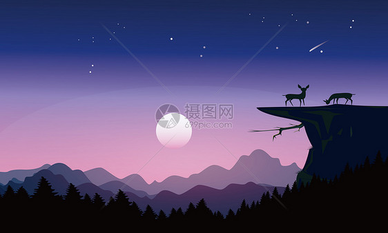 唯美夜晚风景插画图片