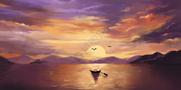 日落风景夕阳下的孤舟插画