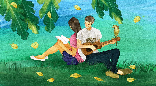 校园吉他温馨情侣插画