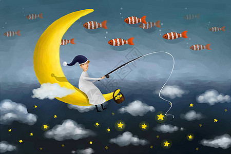 夜晚钓鱼钓星星插画