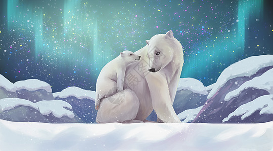 北极熊母子冬天风景插画高清图片