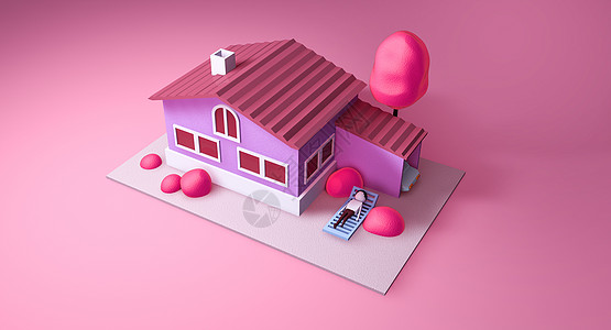 粉色屋子创意低边形木板房C4D场景设计图片