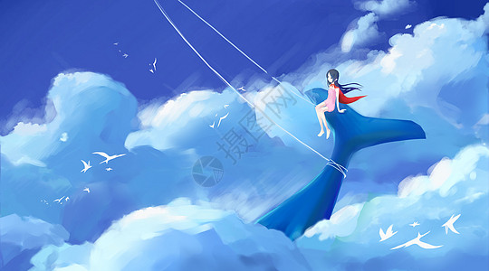 巨鲸少女白蓝帆鲸插画