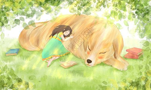 午睡女孩与狗温馨插画图片