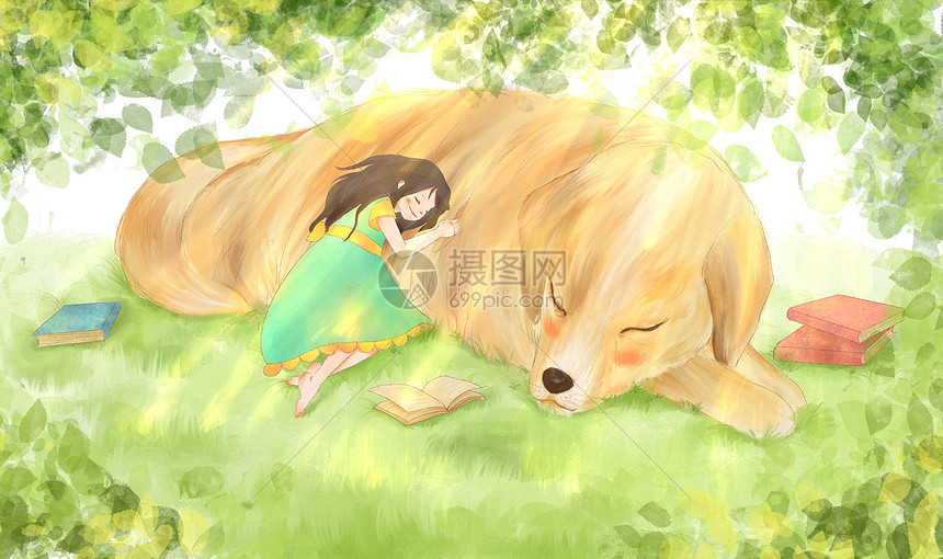 午睡女孩与狗温馨插画图片
