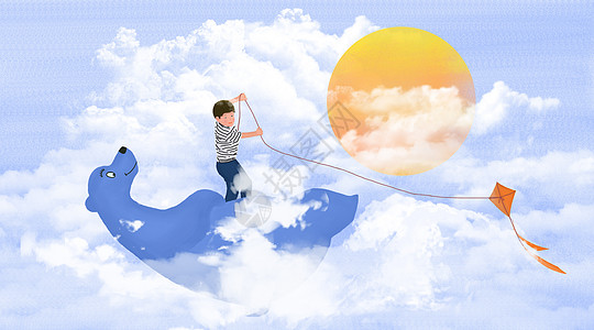 男孩踩着熊飘在云中放风筝高清图片