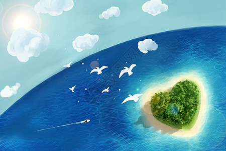 沙滩海岛爱心岛屿插画