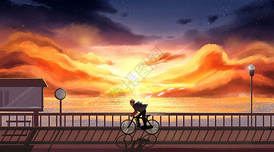 夕阳下的单车少年图片