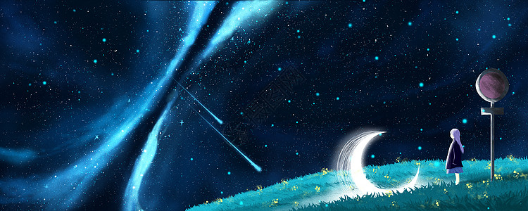 动漫樱花银河与月光插画设计图片