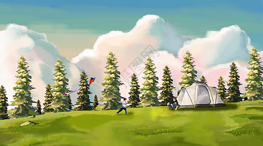 乡村童年郊外搭帐篷的父亲和放风筝的儿子插画