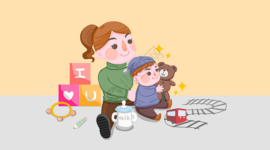 家庭互动妈妈陪伴孩子人物插画插画