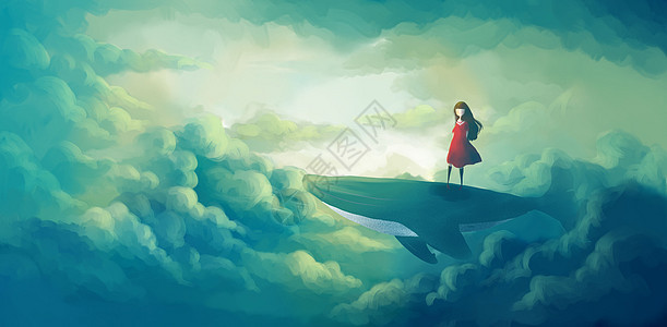 站在鲸背上的女孩背景图片