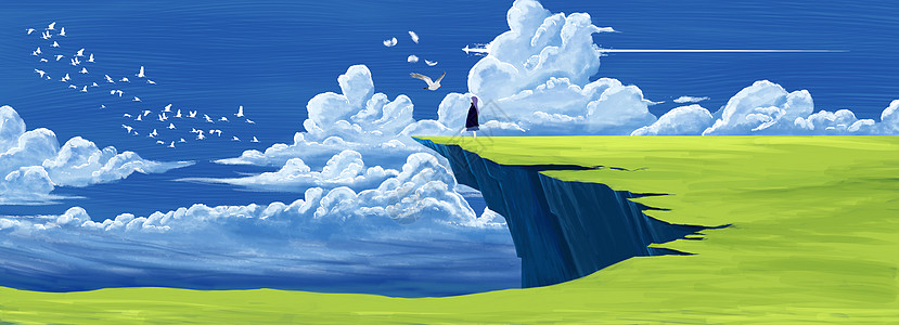 鸟群悬崖上的梦插画设计图片