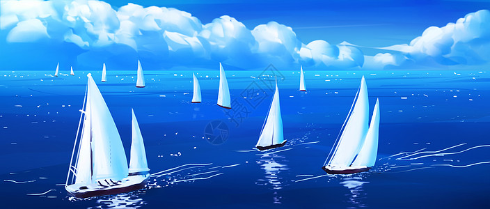 唯美海面帆船插画图片