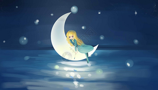 月亮上的女孩插画图片