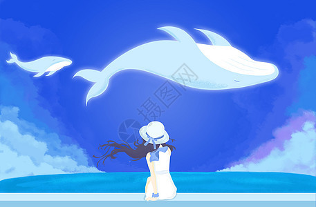 看风景的女孩梦幻鲸鱼背景图片