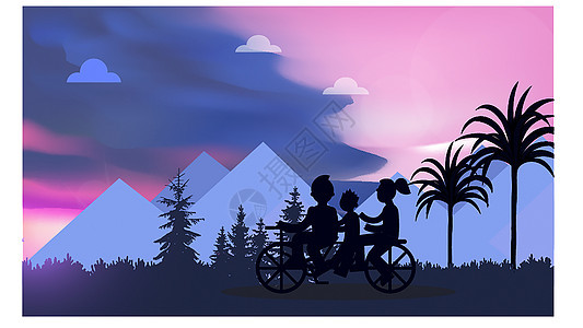 一家人骑车剪影 唯美插画图片