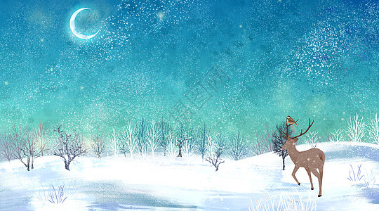 雪森林麋鹿插画背景图片
