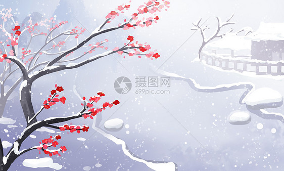 古风唯美梅花林雪景插画图片