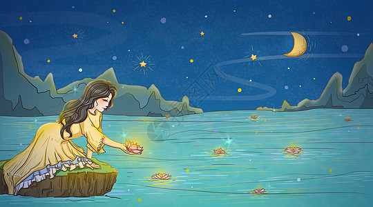 新年黄色海边许愿女孩人物治愈唯美插画插画