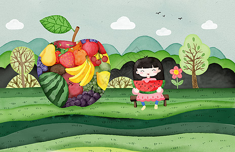 树纹理吃西瓜的女孩手绘插画插画