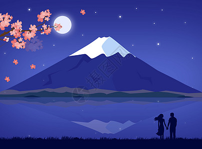 樱花矢量富士山樱花树下的爱情插画