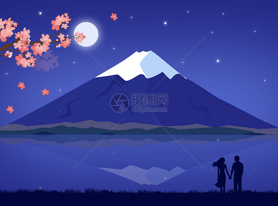富士山樱花树下的爱情图片
