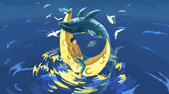 男孩鲸鱼月亮海面插画图片