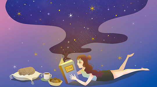 读书的女孩插画唯美夜景高清图片