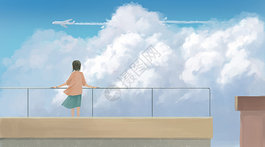 坡屋顶天台上遥望飞机的少女插画