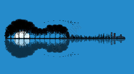 湖面城市月光小提琴插画