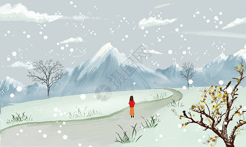 雪中女人冬天下雪插画插画