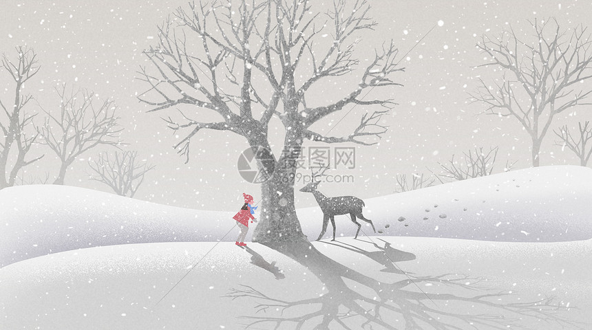 冬天雪地里的鹿和女孩图片
