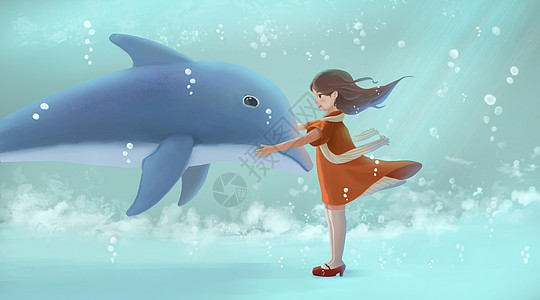 冷色调女孩与海豚插画