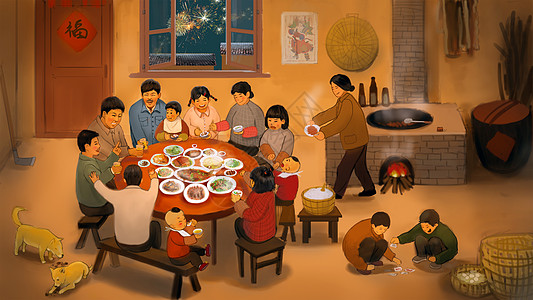 家人幸福年夜饭家人团聚插画