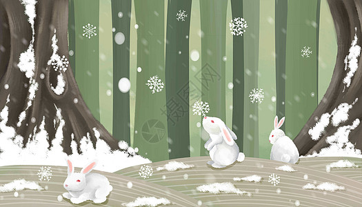 小雪雪地玩耍的兔子插画