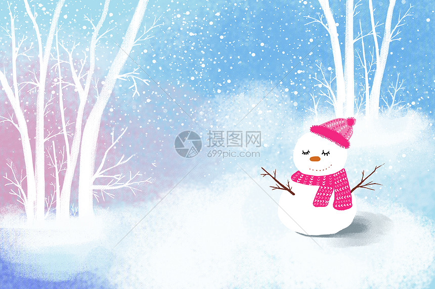 冬季雪景小清新唯美插画图片