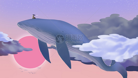 夕阳下翱翔的鲸鱼图片