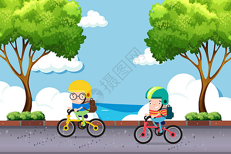 儿童自行车湖边汽车的男孩插画
