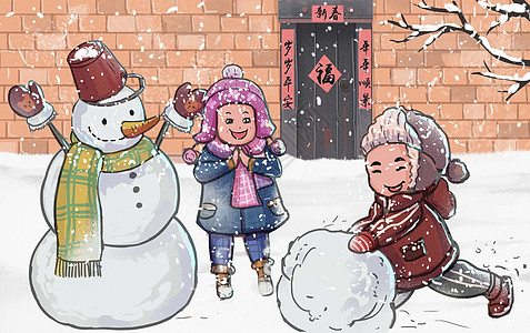 手套围巾堆雪人的小朋友插画