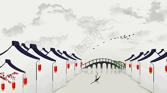 水边建筑中国风水墨小镇插画