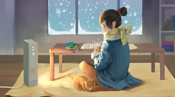 冬天坐在暖器旁的女孩图片