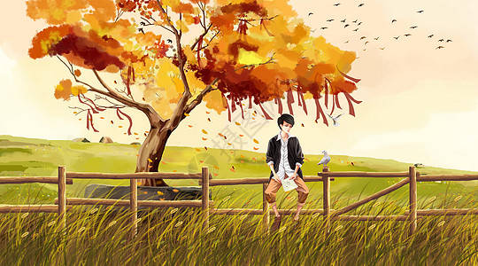 秋天草原许愿树下学习的男孩插画