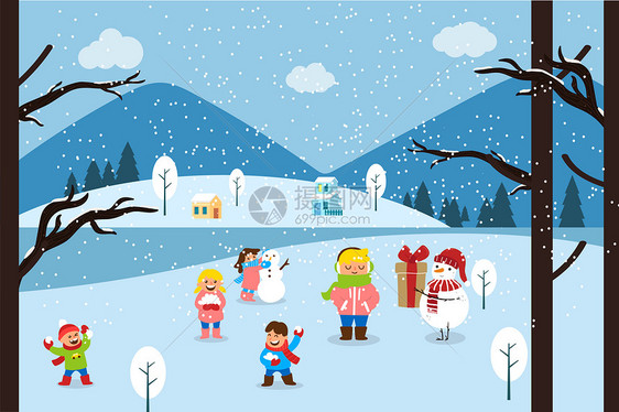 冬日小孩玩耍风景插画图片
