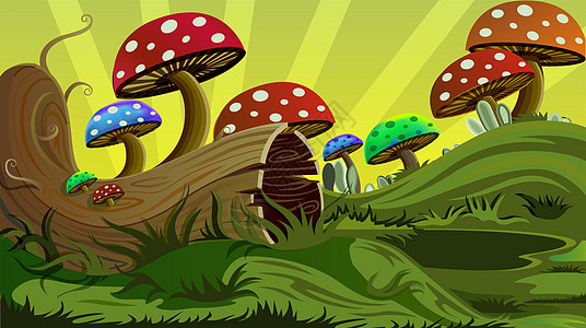 小孩床边森林童话世界的蘑菇插画