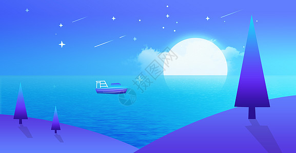 湖光月色插画图片