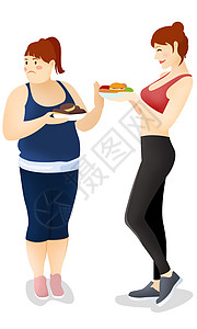吃蛋糕的美女胖瘦对比图插画