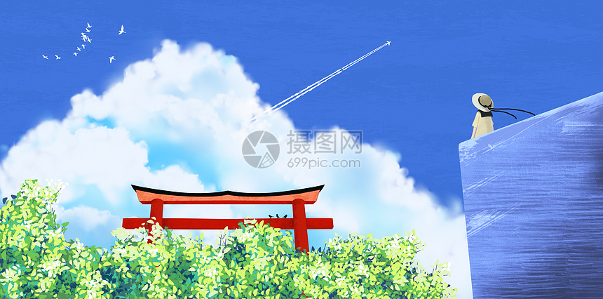 天台少女与神社插画插画图片下载 正版图片 摄图网 天台少女与神社插画插画图片下载 正版图片 摄图网